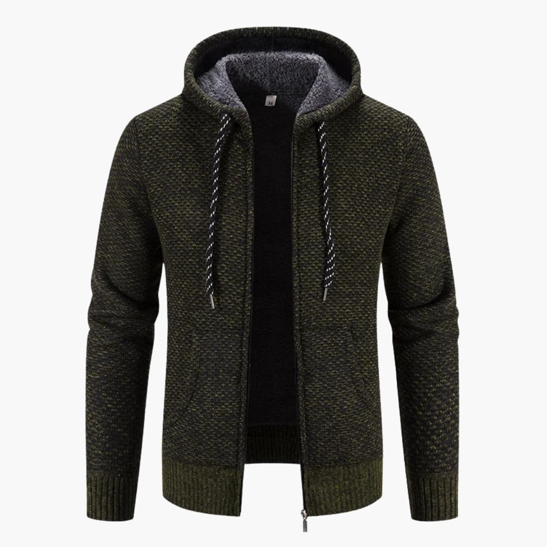 Grön stickad herrhoodie med dragkedja och huva