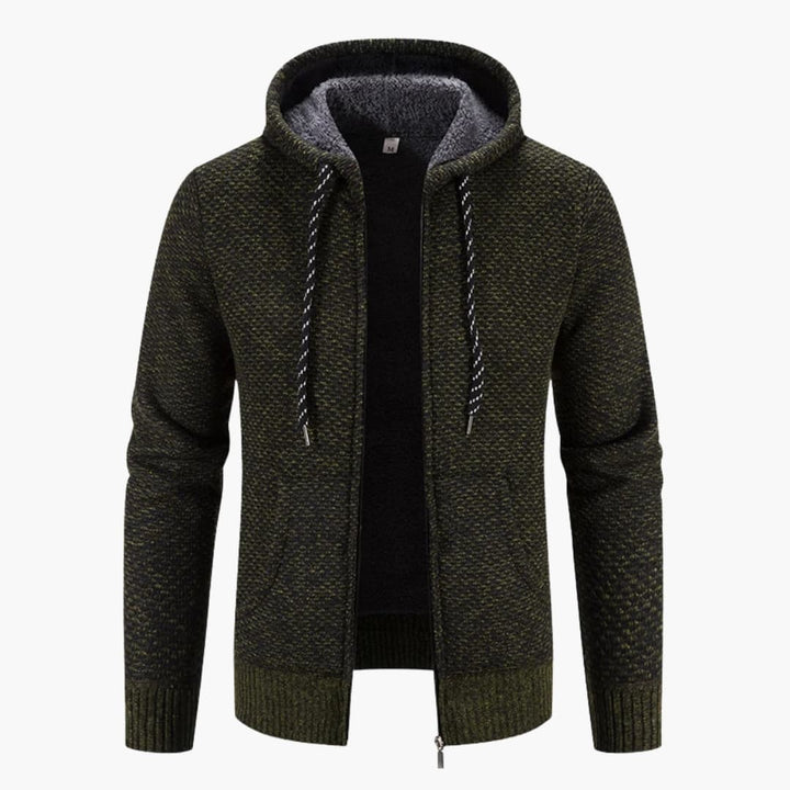 Grön stickad herrhoodie med dragkedja och huva