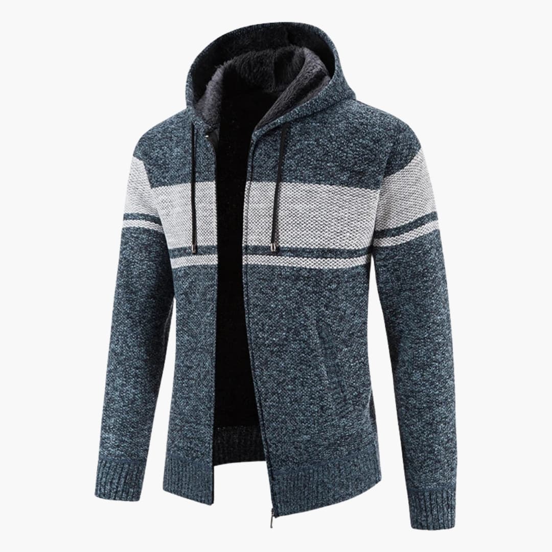 Blå och vit mönstrad herrhoodie med dragkedja