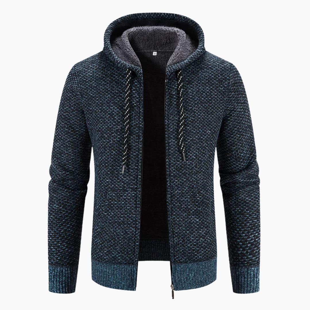 Blå stickad herrhoodie med dragkedja framtill