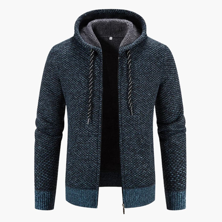 Blå stickad herrhoodie med dragkedja framtill