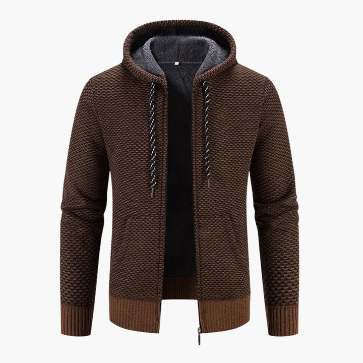 Stilig stickad herrhoodie i grått med hel dragkedja och justerbar huva för en avslappnad vardagsstil