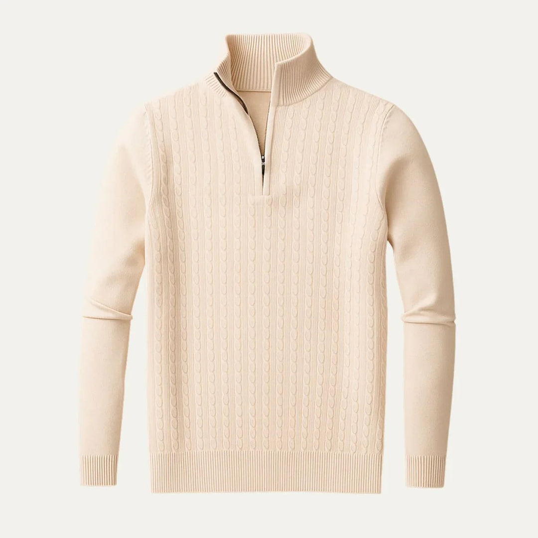 Elegant beige herrtröja med halv dragkedja i klassisk design