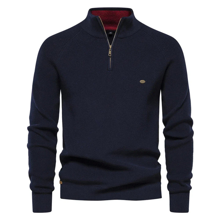 Mörkblå herrtröja med halvlång dragkedja och krage