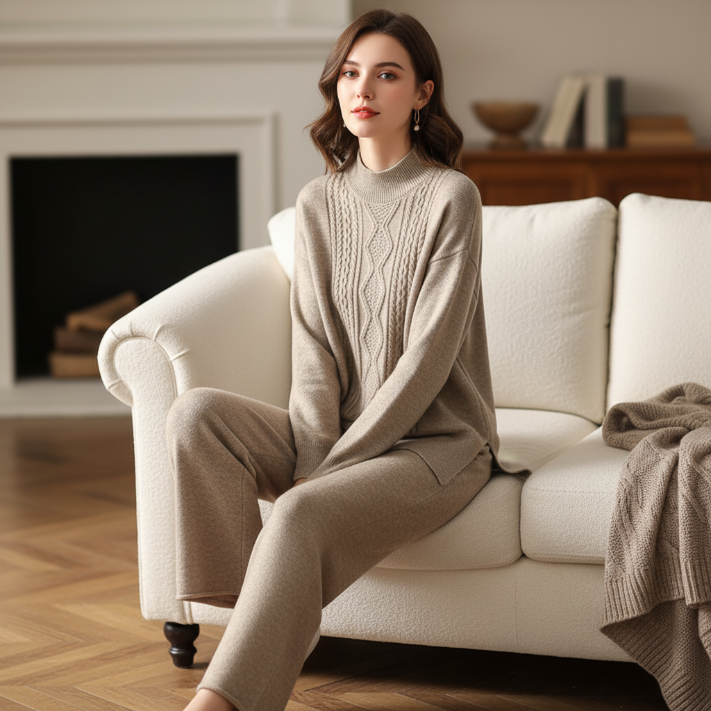 Kvinna sittande i soffa iförd beige stickat set med tröja och vida byxor