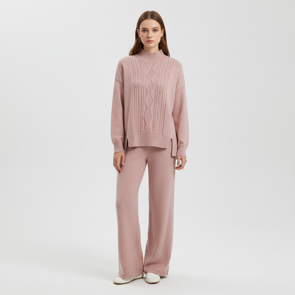 Elegant damkläder set i mjukt stickat material med vida byxor