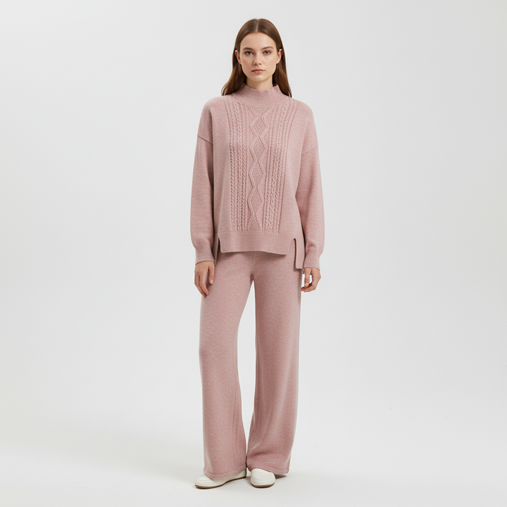 Elegant damkläder set i mjukt stickat material med vida byxor