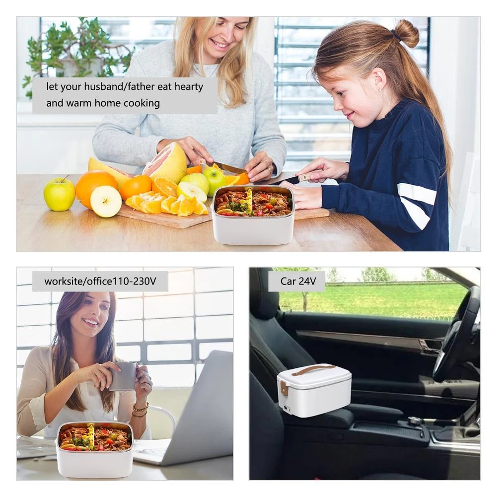 Elektrisk lunchlåda öppen med mat ochfack för matförvaring