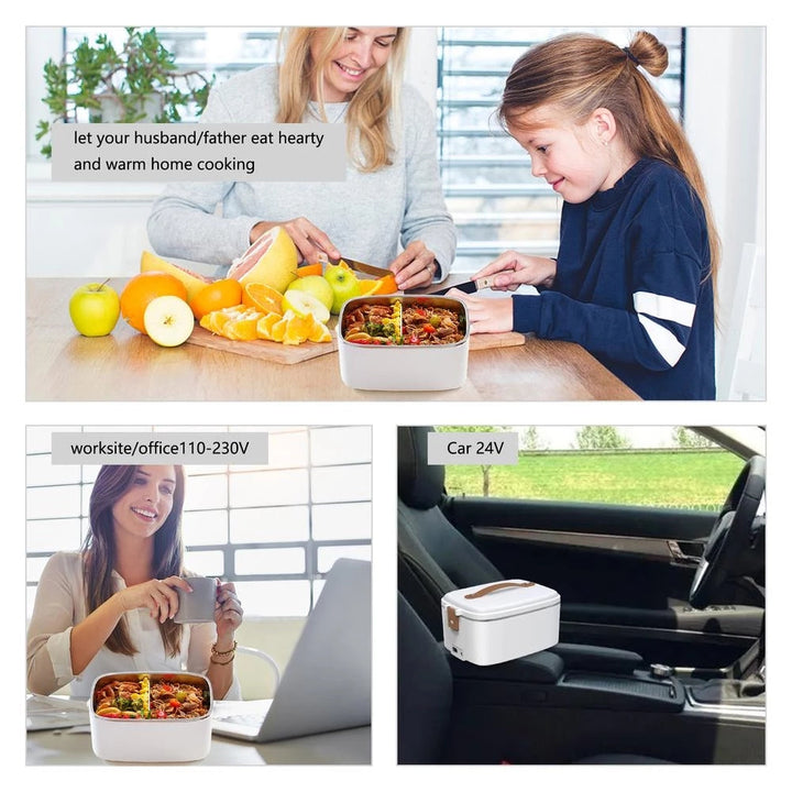 Elektrisk lunchlåda öppen med mat ochfack för matförvaring