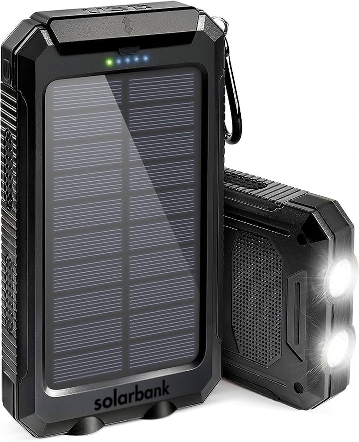 Bärbar powerbank med solpanel sedd i profil