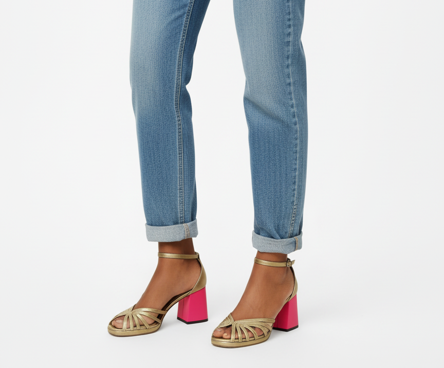 Veronica eleganta klackskor i guld på modell med jeans