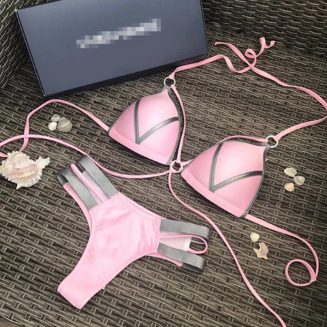 Rosa tvådelad bikini för damer med dekorativa band