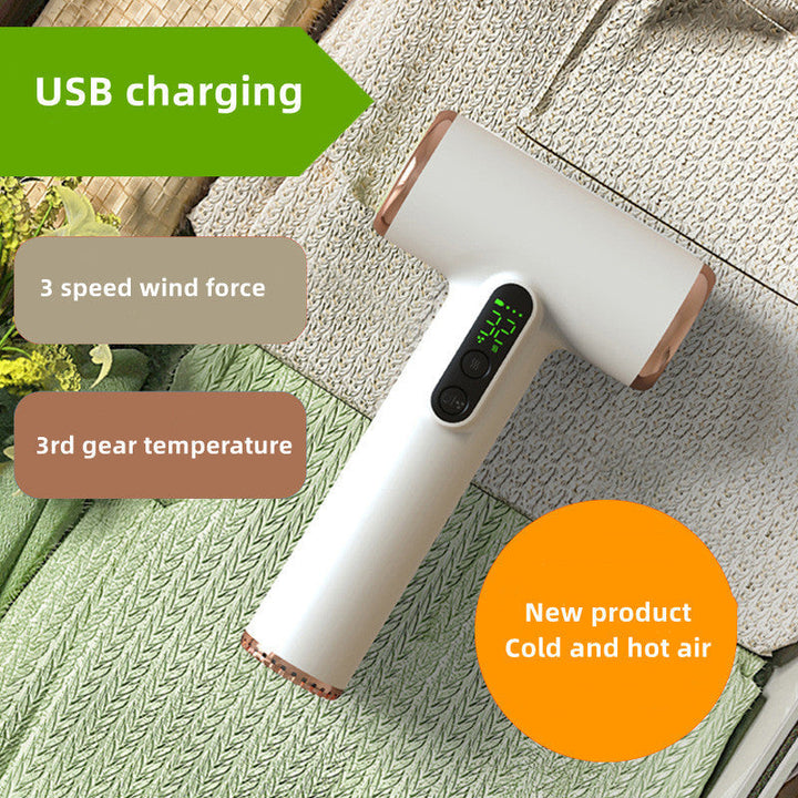 Trådlös hårtork som visar USB-laddning och olika hastighetslägen