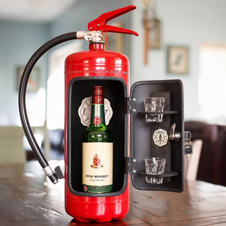 Öppen röd brandsläckare minibar med flaska och glas