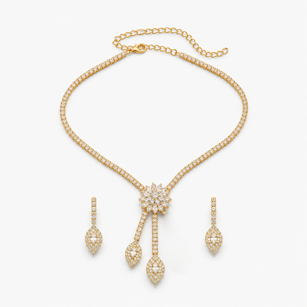 Stilfullt svart halsband och örhängen på modell