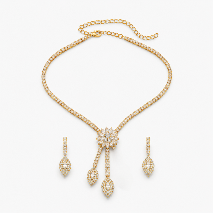Stilfullt svart halsband och örhängen på modell