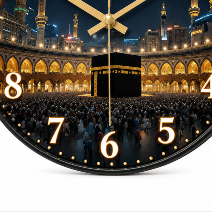Stilren rund klocka för vägg med islamisk design och Kaaba tryck