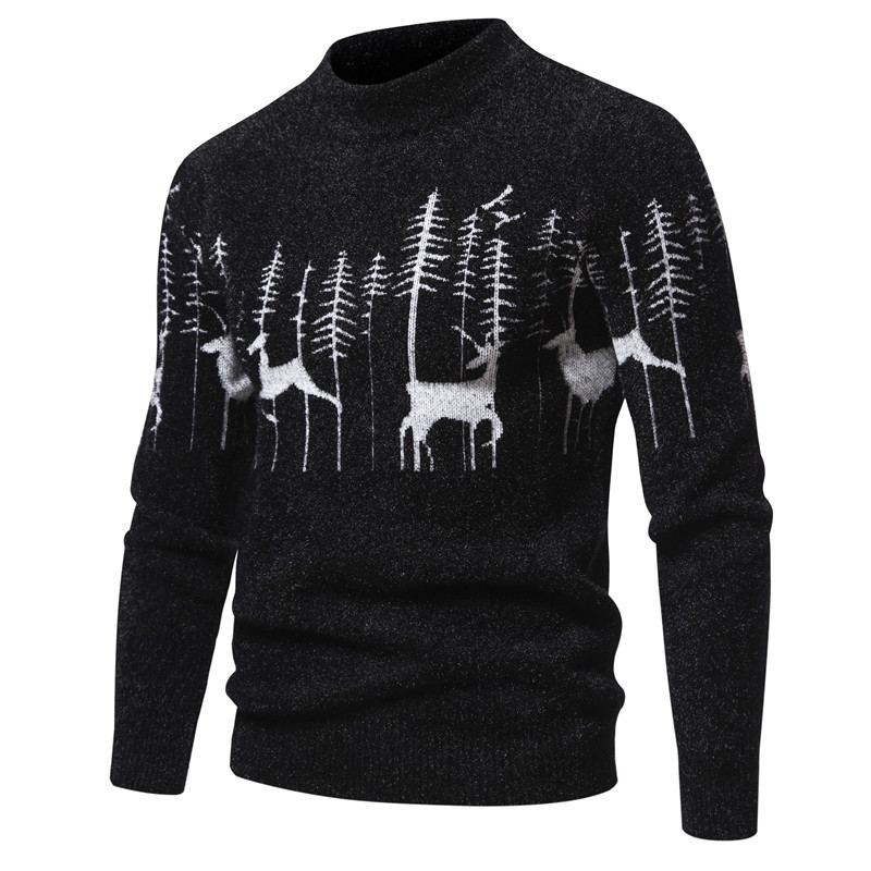 Stickad herrtröja med jultema i beige och svart
