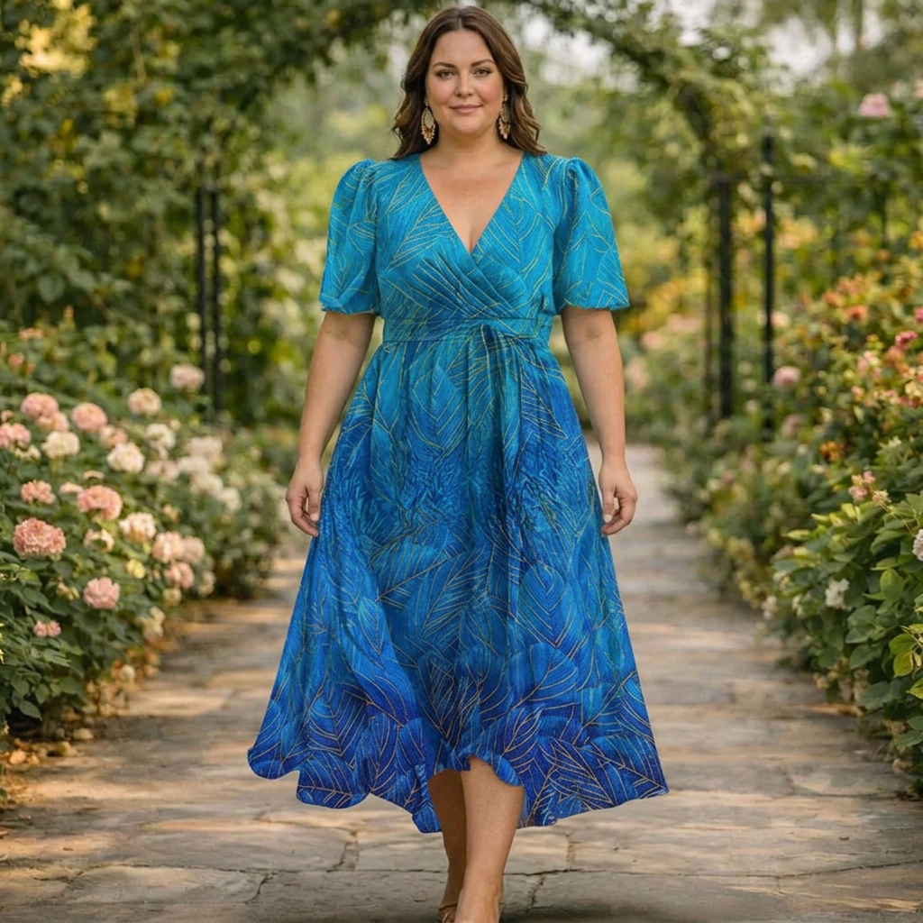 Omlottklänningens fall och rörelse i blommigt tyg