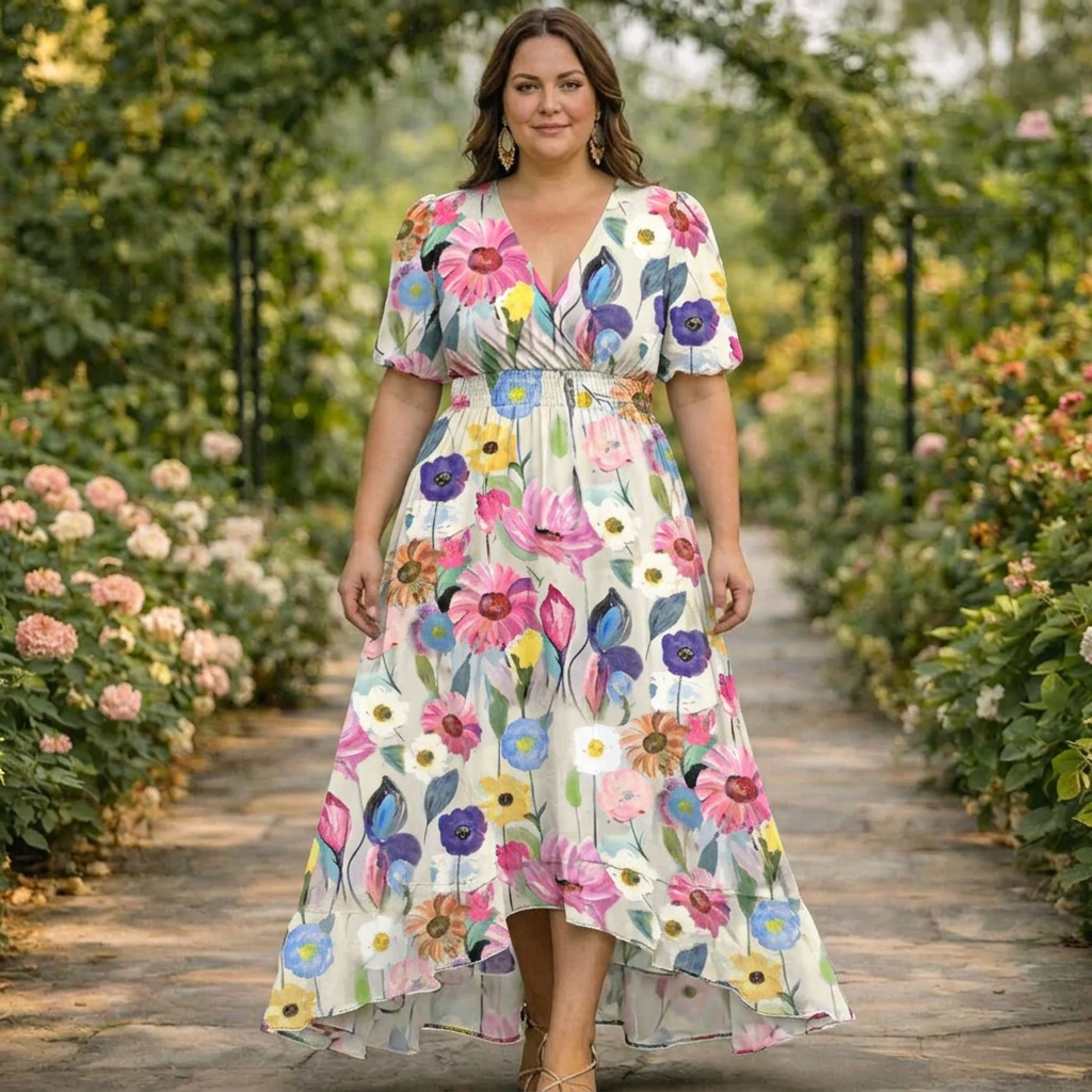 Helhetsbild på blommig maxiklänning för fest och vardag