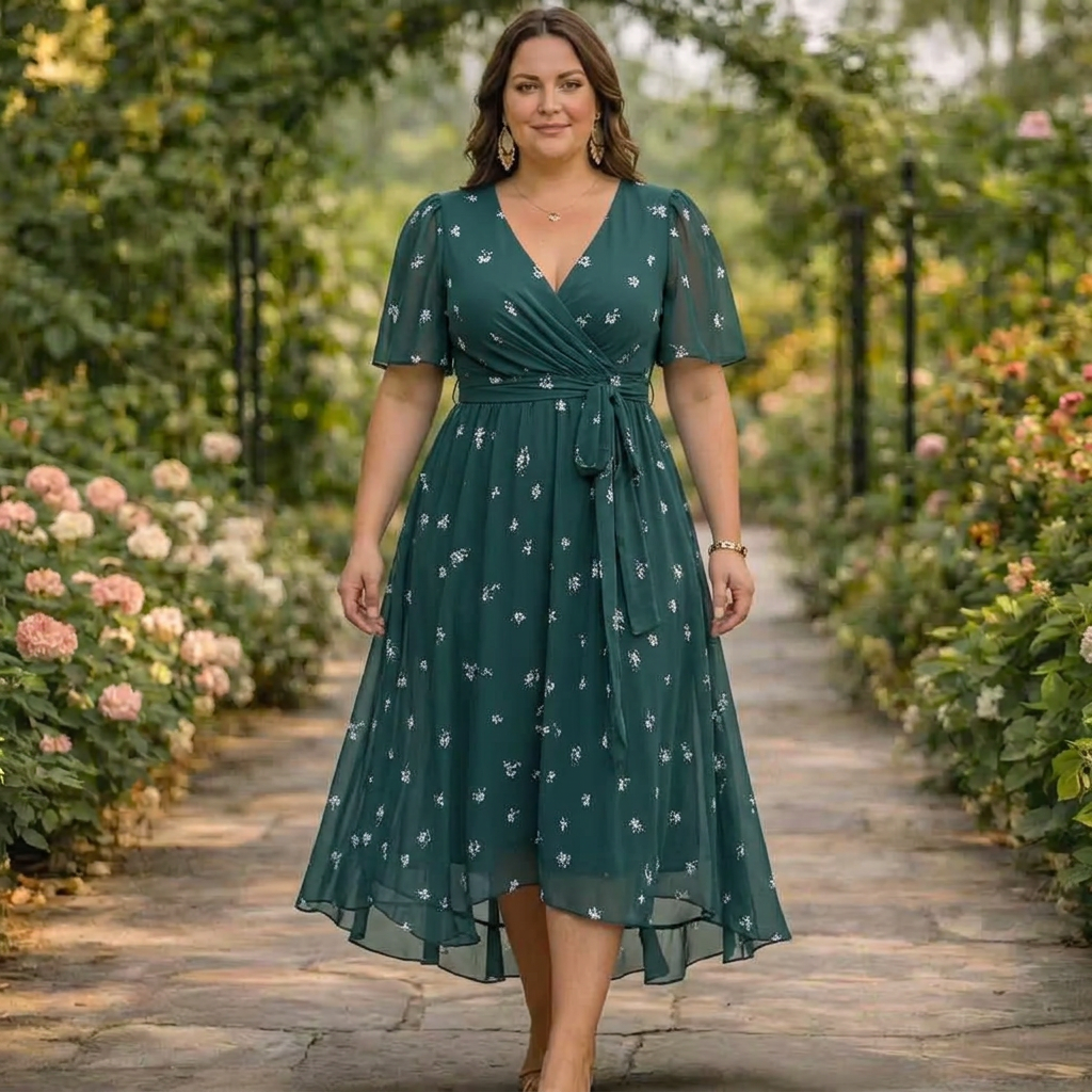 Snygg damklänning med blommönster och omlottdesign från sidan