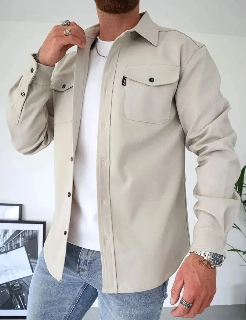 Ljus beige skjortjacka för män med klassisk krage