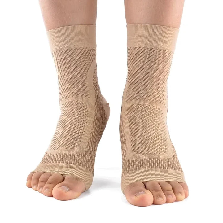 Unisex kompressionsstrumpor i beige med öppen tå framifrån