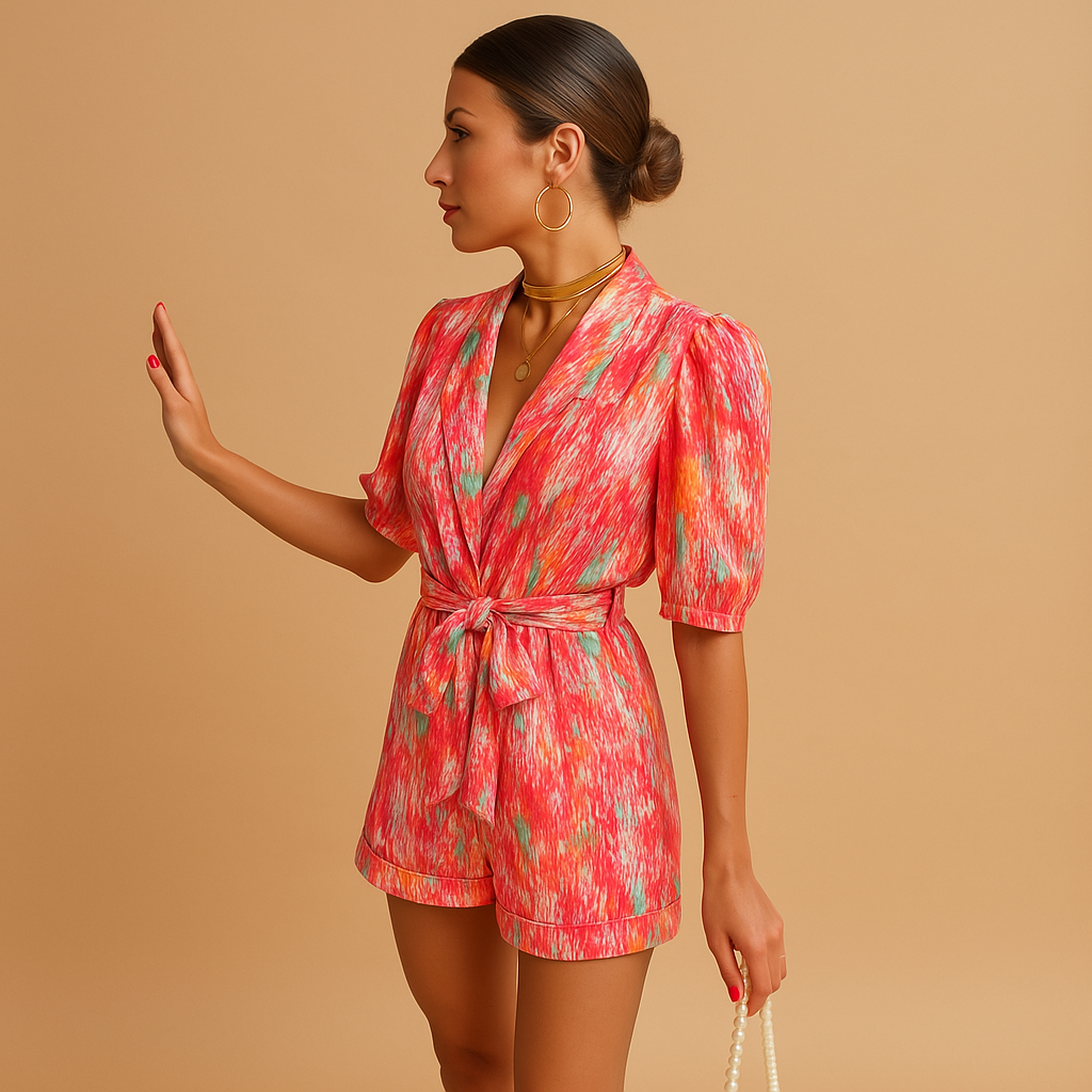 Kort mönstrad damjumpsuit i rosa nyanser sedd bakifrån med skärp i midjan