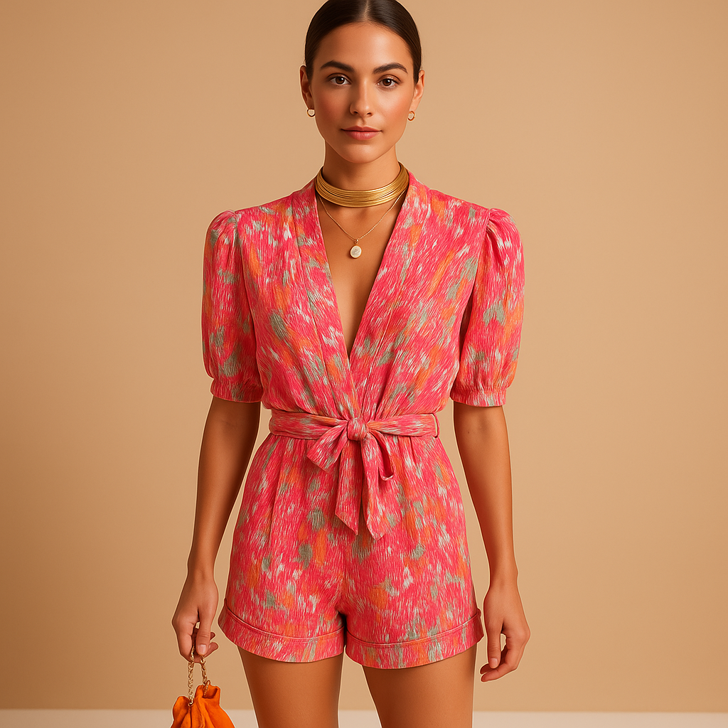 Rosa och lila mönstrad kort jumpsuit för dam med midjeband, framifrån