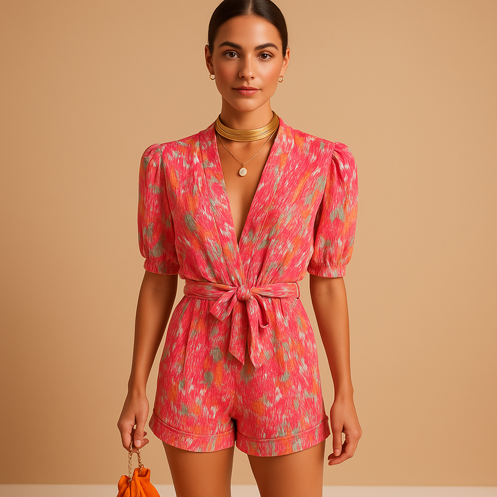 Rosa och lila mönstrad kort jumpsuit för dam med midjeband, framifrån