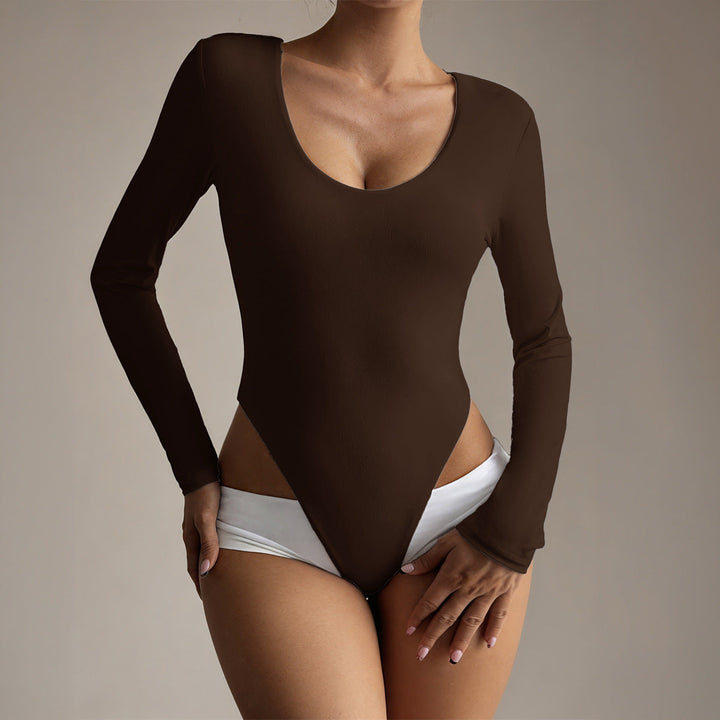 Figurnära långärmad bodysuit för dam med djup urringning i modernt snitt