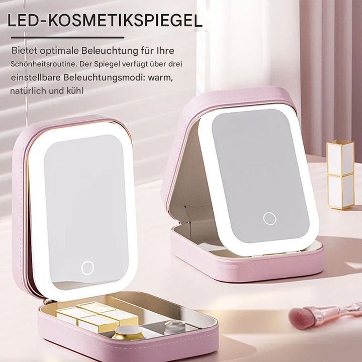 Rosa LED kosmetikspegel boxar i olika vinklar med öppen förvaring