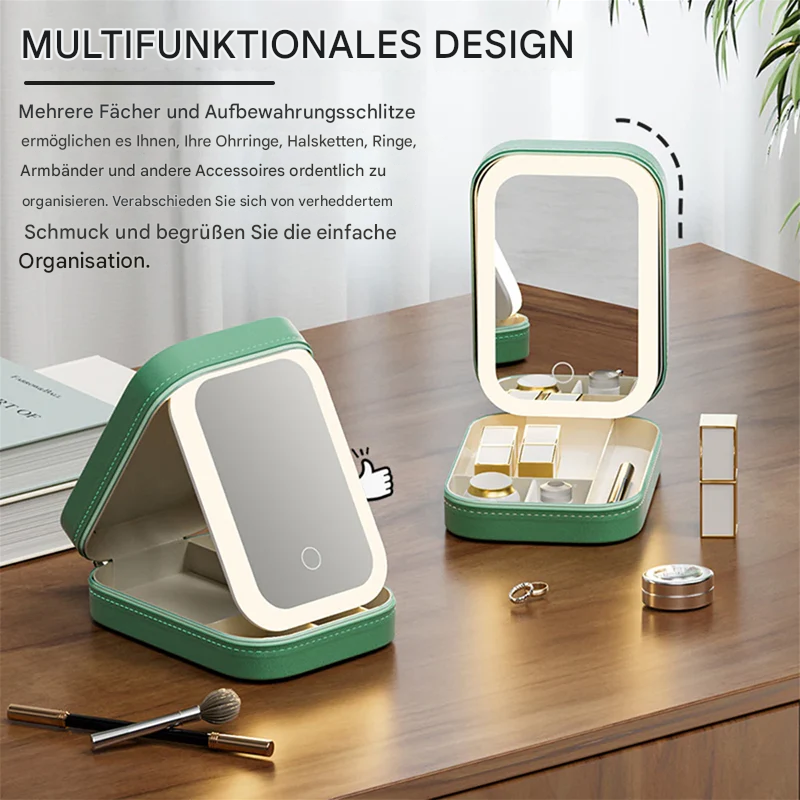 Bärbar LED kosmetikspegel med inbyggd organizer och smart touchspegel för smink