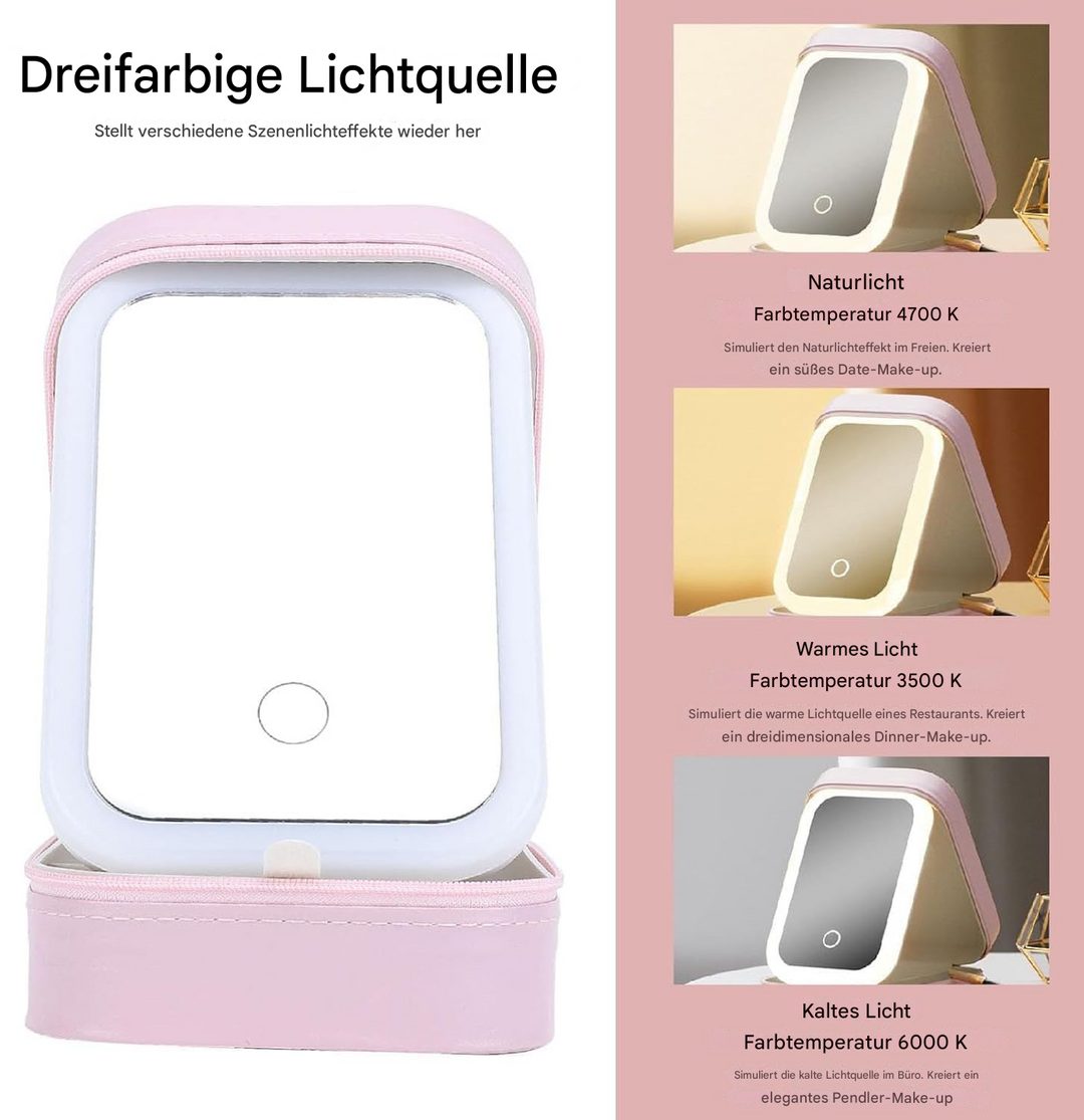 Smidig sminkbox med bärbart resefodral och justerbar LED belysning för skönhetsvård