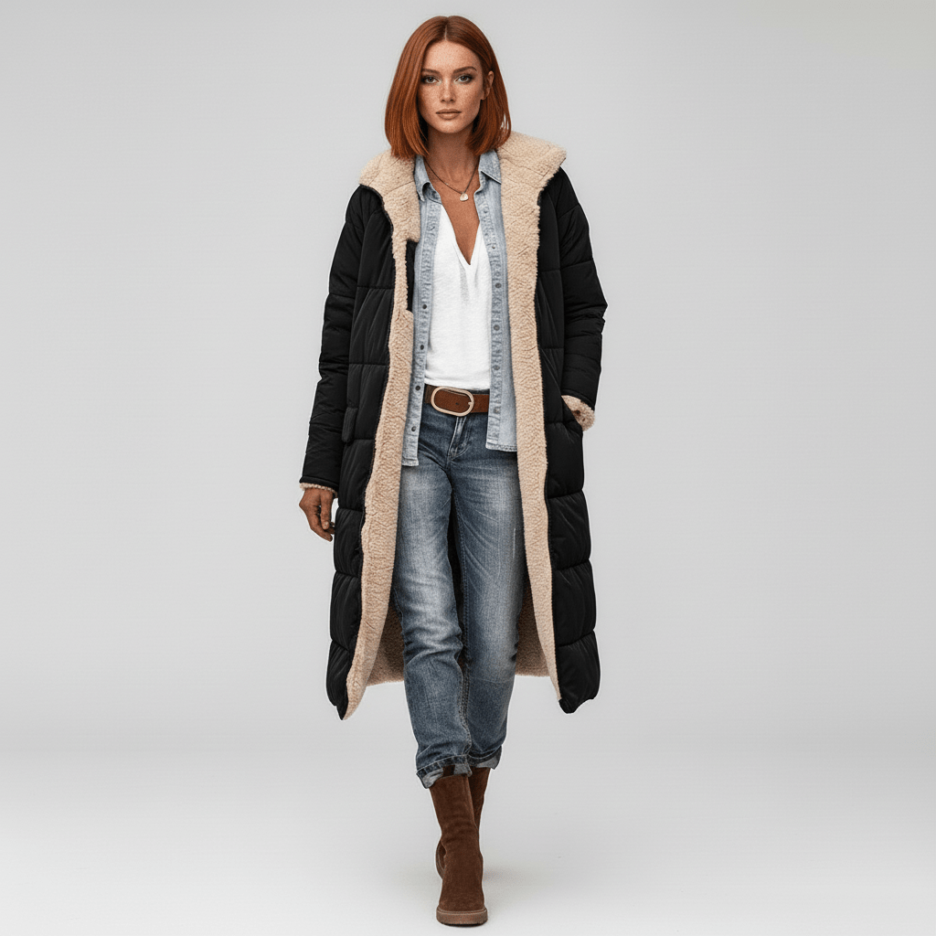 Dam lång quiltad kappa med huva framifrån i vintermiljö