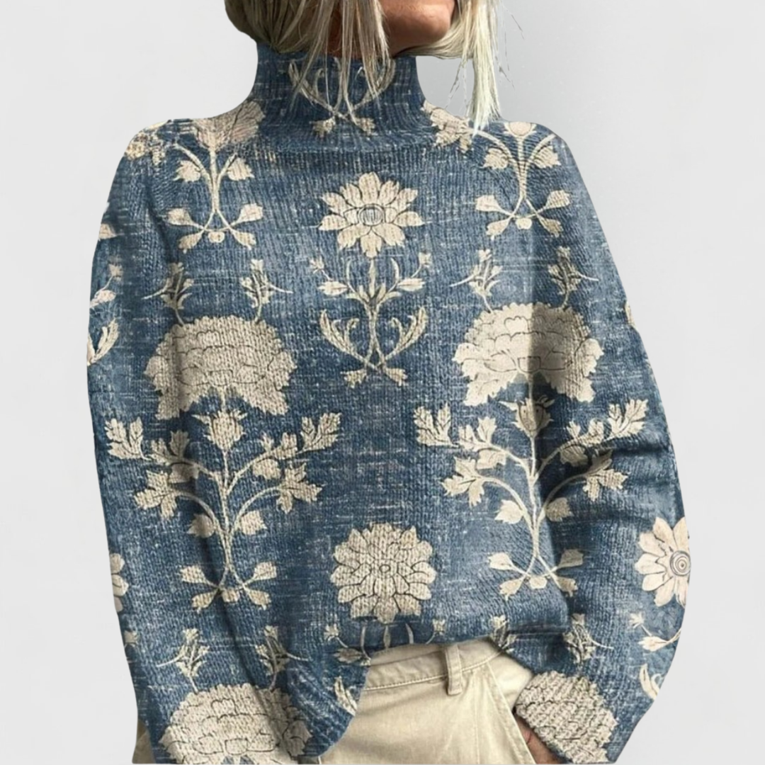 Dam bär blå Centenia elegant polotröja med blommotiv