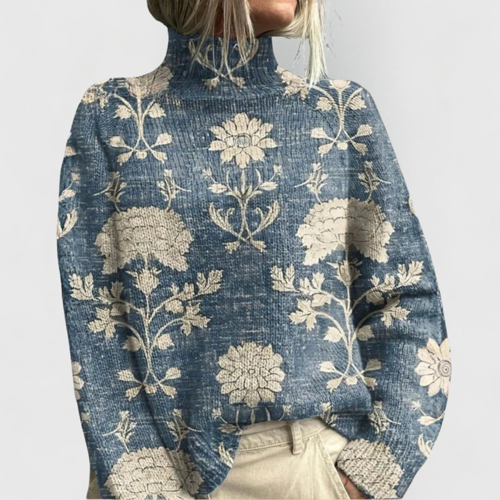Dam bär blå Centenia elegant polotröja med blommotiv