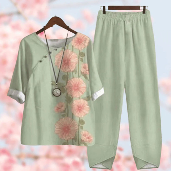Vintage blommigt tvådelat set för dam i plus size modell för vardagslook