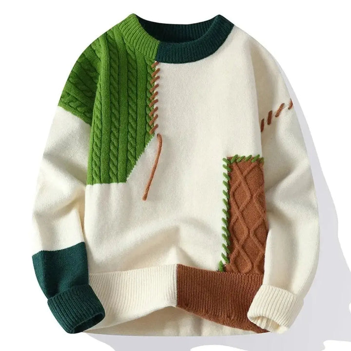Oversized unisex stickad tröja Ylvie i grön, blå och svart färgblockdesign