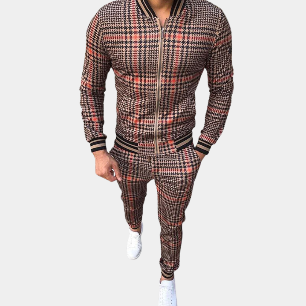 Slim fit sportsoverall för män med trendigt rutigt mönster från sidan