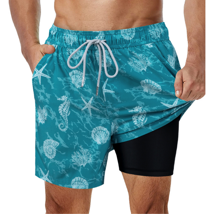 Korta badshorts med tryck och praktiska detaljer för soliga sommardagar