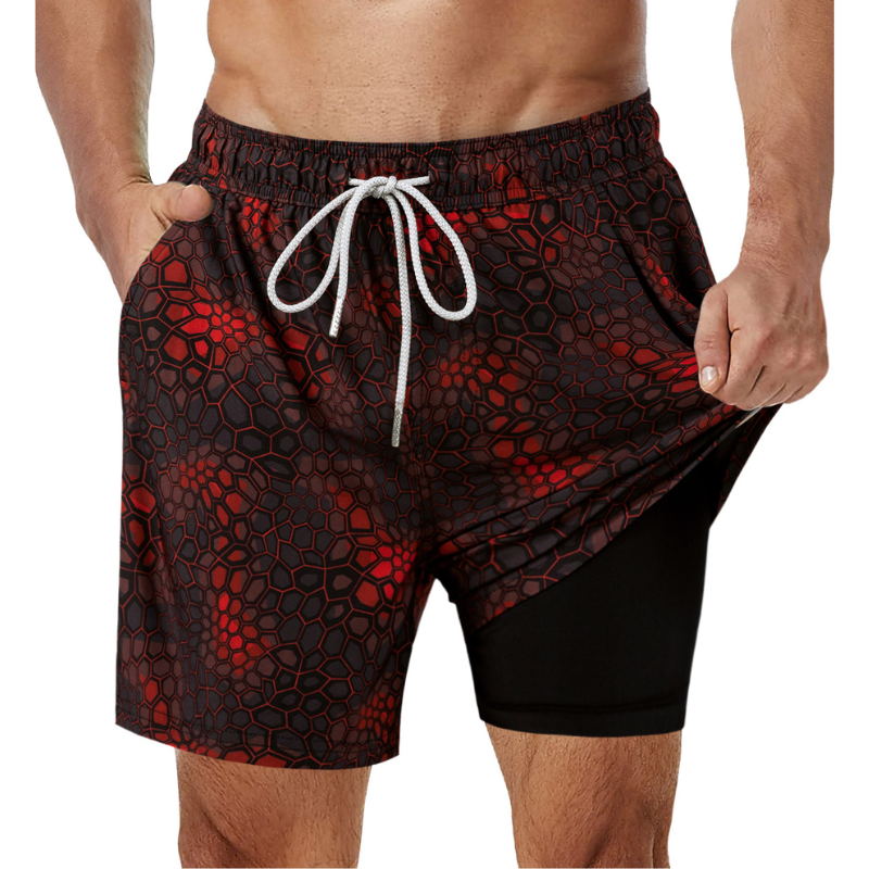 Detaljbild på mönstrade herrbadshorts som visar det inbyggda stödet