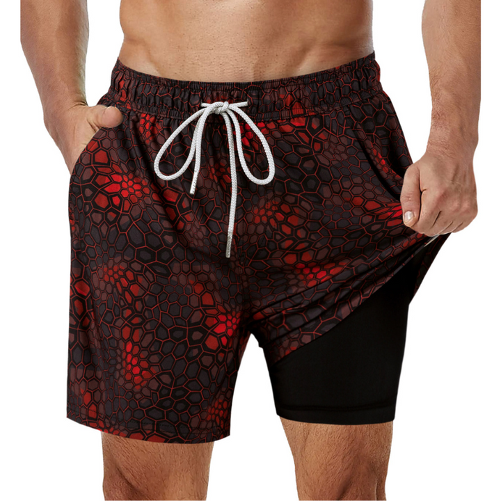Detaljbild på mönstrade herrbadshorts som visar det inbyggda stödet