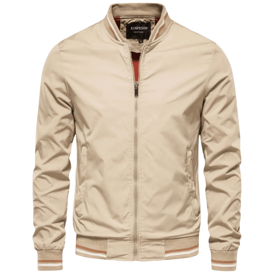 Beige herrens bomberjacka med randig mudd vid kragen