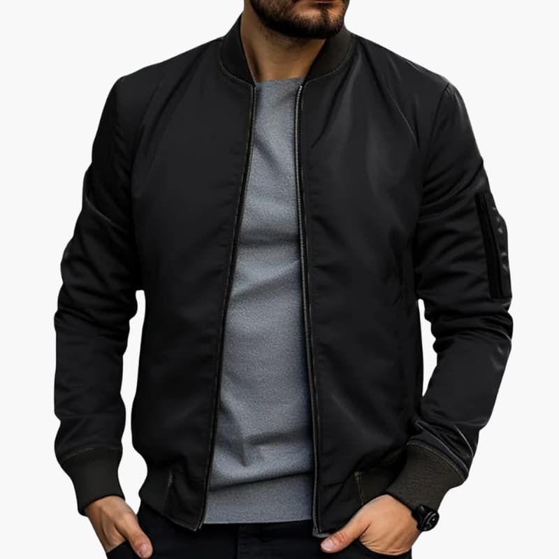 Svart herrbomberjacka med klassisk krage och fickor