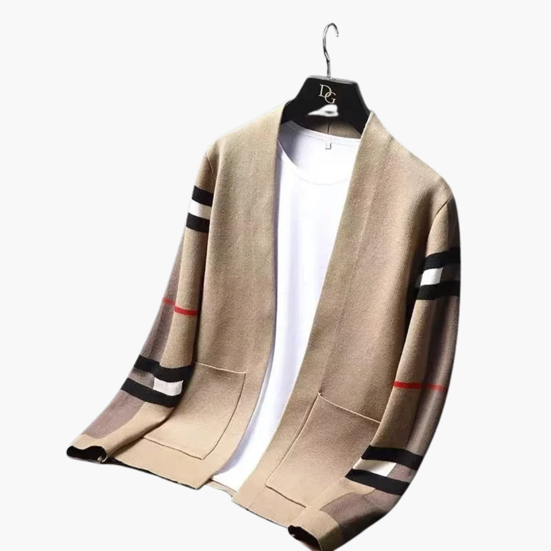 Snygg beige herrcardigan med kontrastdetaljer på ärmarna