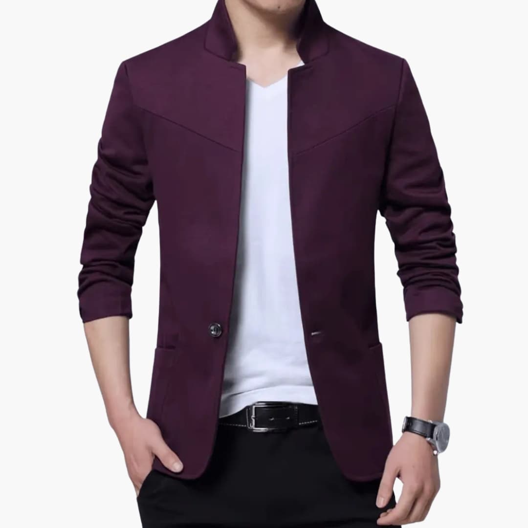 Mörk lila herrblazer med ståkrage och fickor
