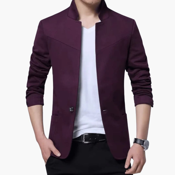 Mörk lila herrblazer med ståkrage och fickor