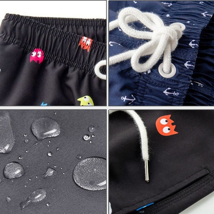 Detaljbild på snabbtorkande boardshorts som visar tyg och snörning.