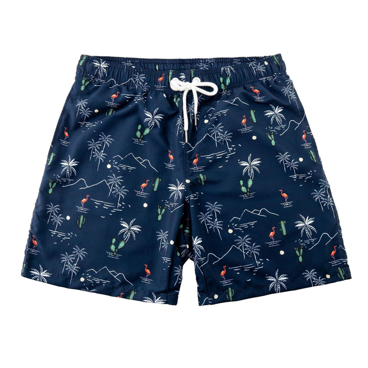 Herrboardshorts i marinblått med träd- och flamingomönster